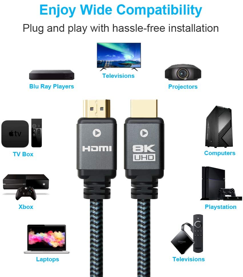 Yauhody Câble 8K HDMI 2.1, Câble de 48Gbps Ultra Haute Vitesse HDMI 2.1,  Câble 100% Réel 8K 60Hz, 4K 144Hz, 
